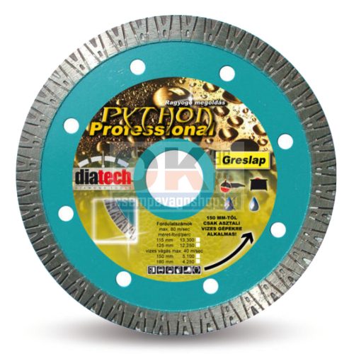 Diatech gyémánttárcsa PYTHON csempe, greslap, járólap vágására 125x22,2x10 mm (pt125)